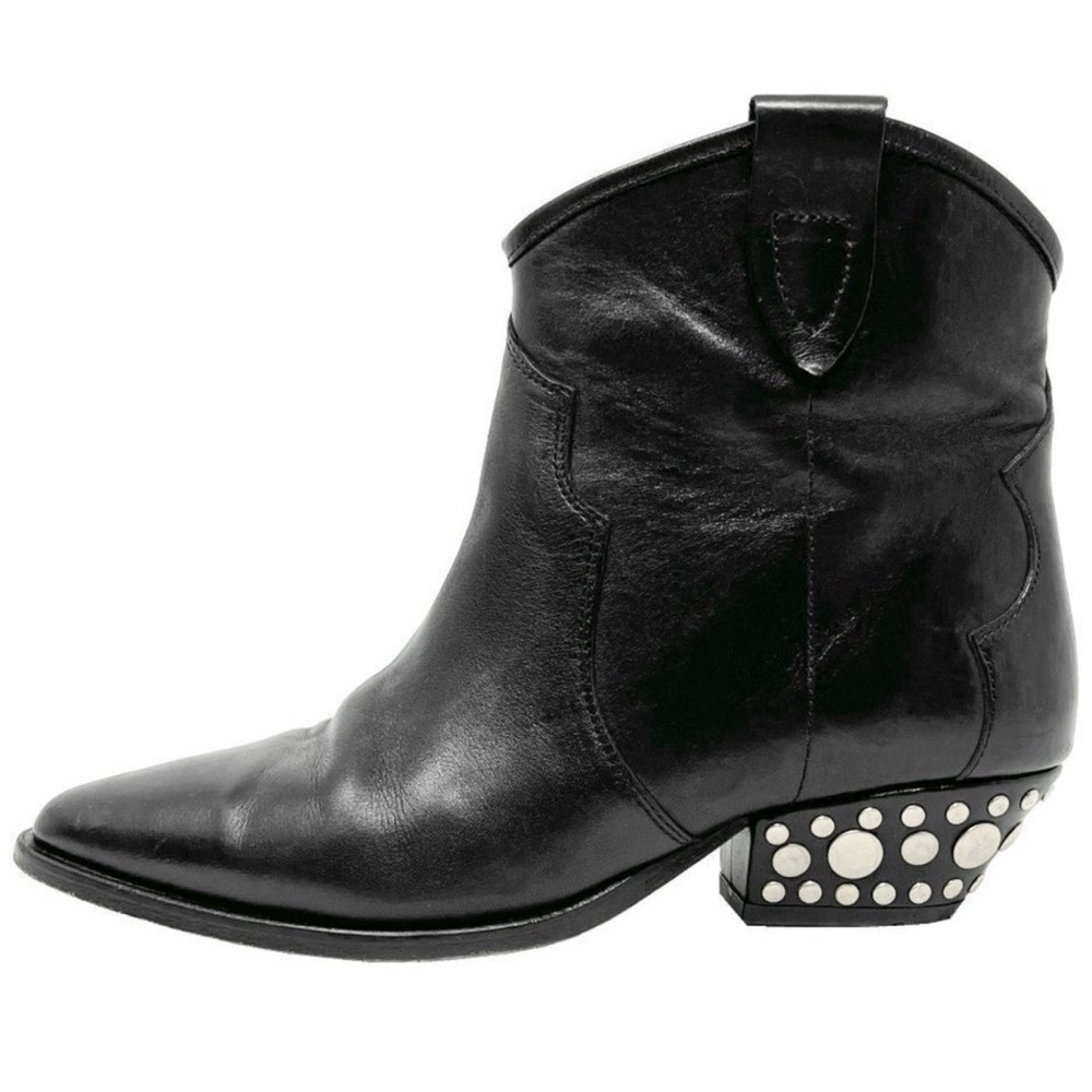 Isabel Marant Dawyna Black Leather Silver Studded Western Pointed Ankle Boots.